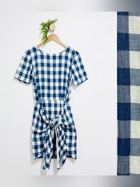 Anthropologie Delphine 100% Cotton Blue White Check Wrap Modest Mini Dress